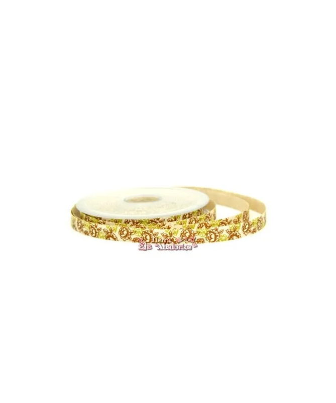 Lazo Duquesa 10mm Beige Tostado Flores Verdes y Marrón