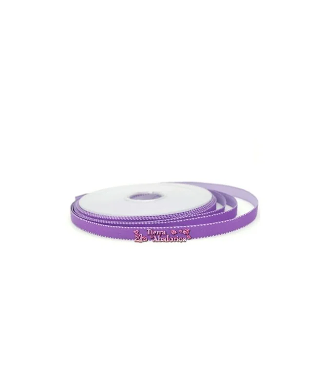 Lazo de Raso 10mm, Violeta Pespunte Blanco Lazo de Raso 10mm, Violeta Pespunte Blanco