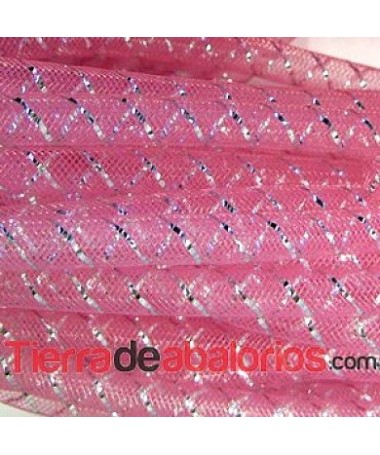 Cordón de Malla de Nylon 8mm Rosa con Hilo de Plata