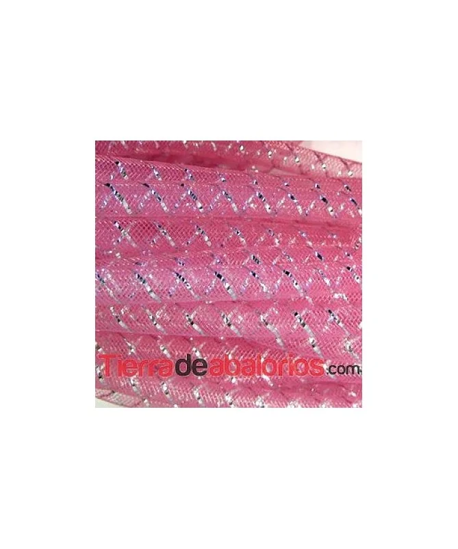 Cordón de Malla de Nylon 8mm Rosa con Hilo de Plata