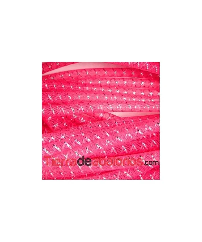 Cordón de Malla de Nylon 8mm Fucsia Fluor con Hilo de Plata