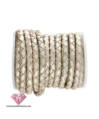Cordón de Cuero Trenzado 5mm, Blanco Metalizado
