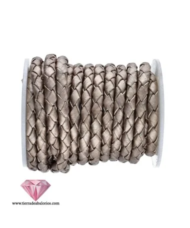 Cordón de Cuero Trenzado 5mm, Plata Vieja