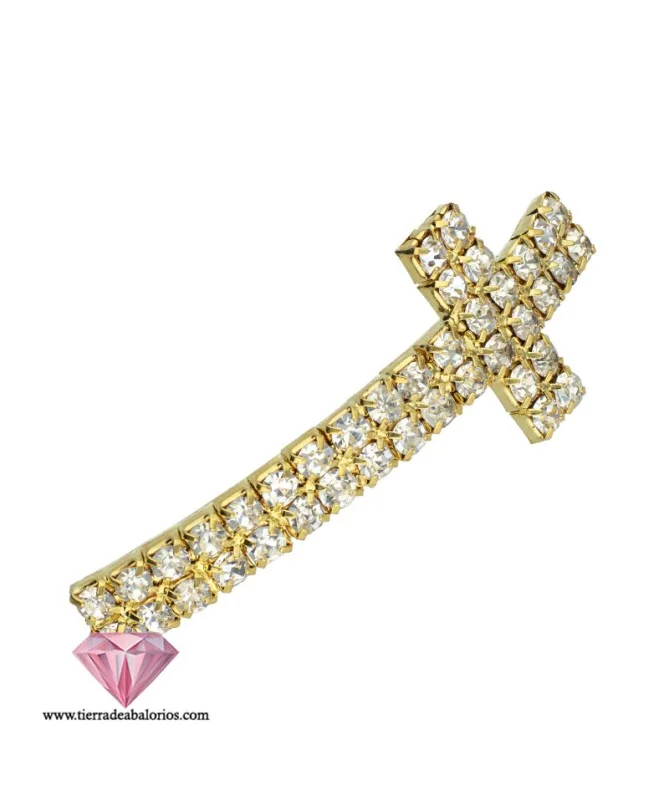 Cruz Curvada 47x18mm Agujero 3.5mm con Swarovski, Dorada