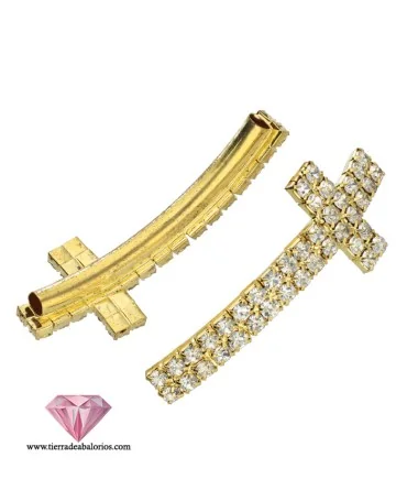 Cruz Curvada 47x18mm Agujero 3.5mm con Swarovski, Dorada