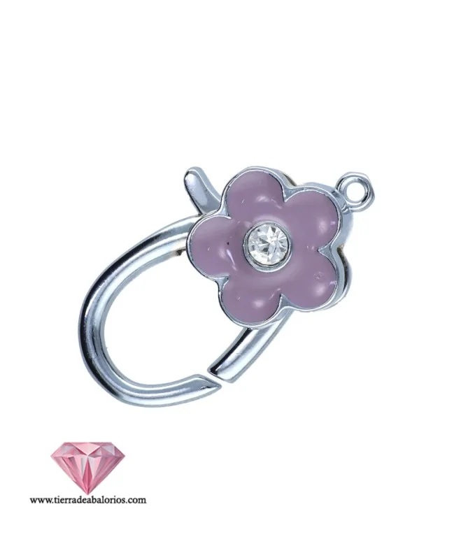 Mosquetón Flor Esmalte Morado 32mm Con Cristal Swarovski, Plateado con Baño de Rodio