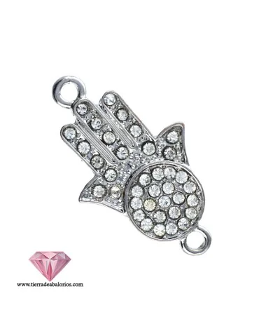 Conector Mano de Fátima 32x19mm con Strass, Plateado