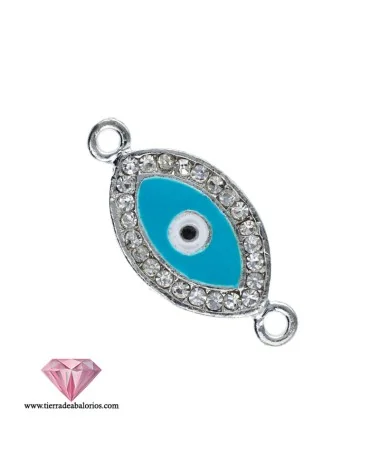 Conector Ojo Turco 34x16mm, Plateado Esmalte Turquesa, con Cristal Swarovski