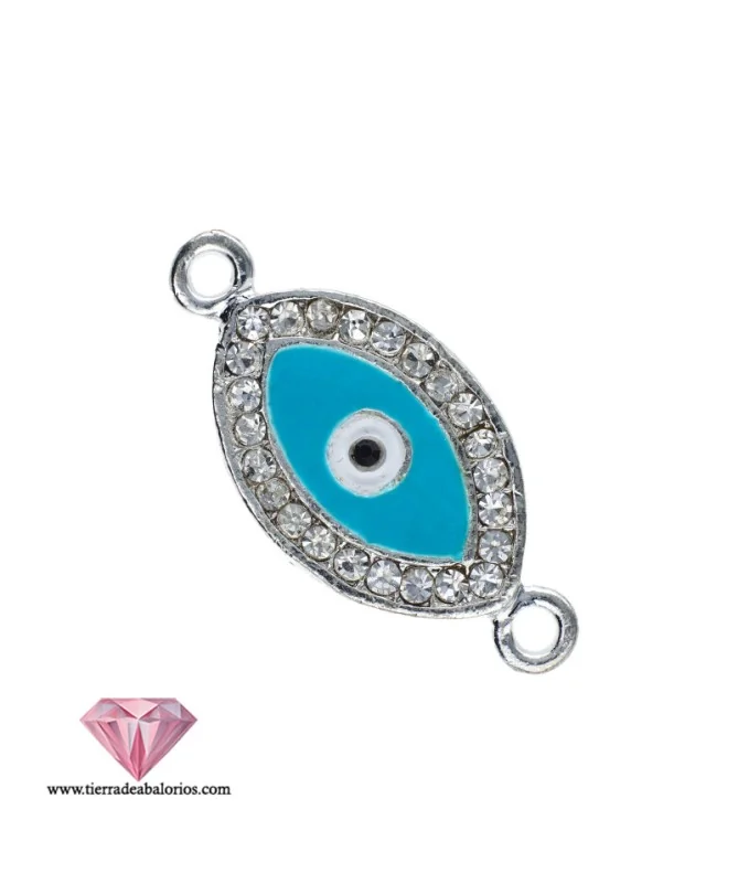 Conector Ojo Turco 34x16mm, Plateado Esmalte Turquesa, con Cristal Swarovski