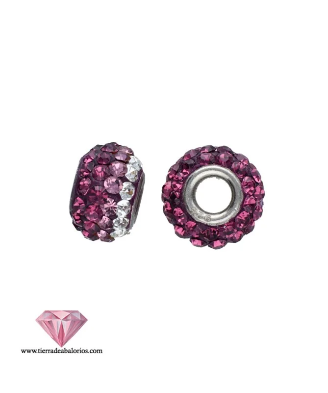 Bola Rondel 8x5mm Agujero 2,7mm Plata de Ley con Swarovski Amatista y Cristal