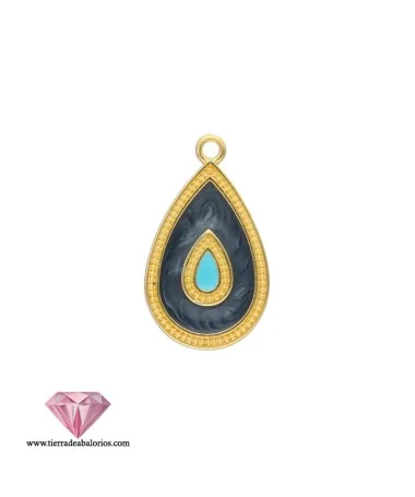 Colgante Gota 26x15mm, Esmaltado Negro y Turquesa, Dorado