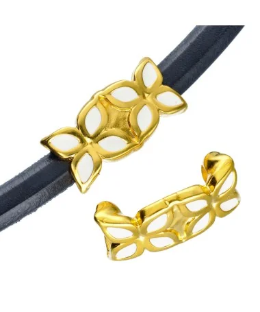 Entrepieza Regaliz 2 Flores Blancas, 37x19mm Agujero 10x7mm, Dorada